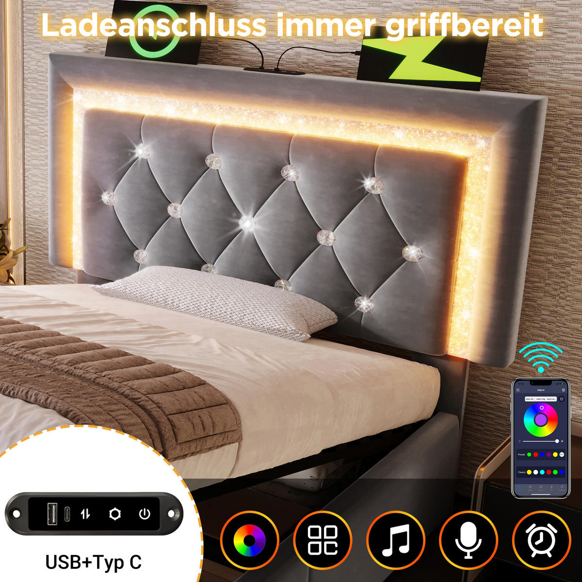 ČALOUNĚNÁ postel 90/200 cm šedá ze sametu s LED, USB-C a úložným prostorem - šedá, textil (90/200cm) - OKWISH