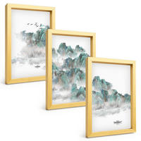 BILDER SET 3er Set - 20x30 cm Goldrahmen - Berge, Wolken, Vögel, Boot, Japandi - Goldfarben, Kunststoff (20/30cm) - TULUP