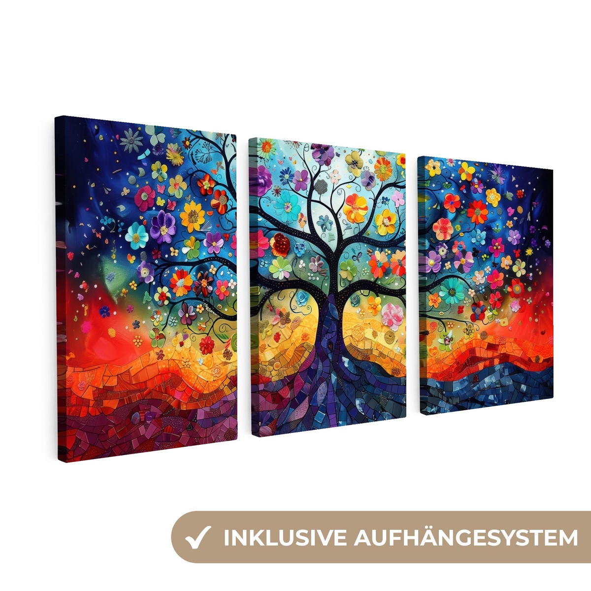 LEINWANDBILD 3er Set Bunt - Baum des Lebens - Blumen - Abstrakt 120x60 cm - Blau, Textil (120/60cm) - MuchoWow