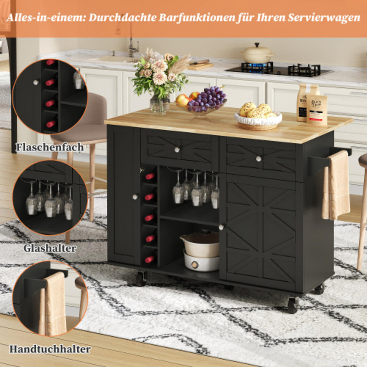 KÜCHENINSEL Schwarz aus MDF mit klappbarer Erweiterungsplatte und Laufrollen 120 × 45(70) × 89 cm - Schwarz, Holzwerkstoff (120/89/70cm) - Luhomfu
