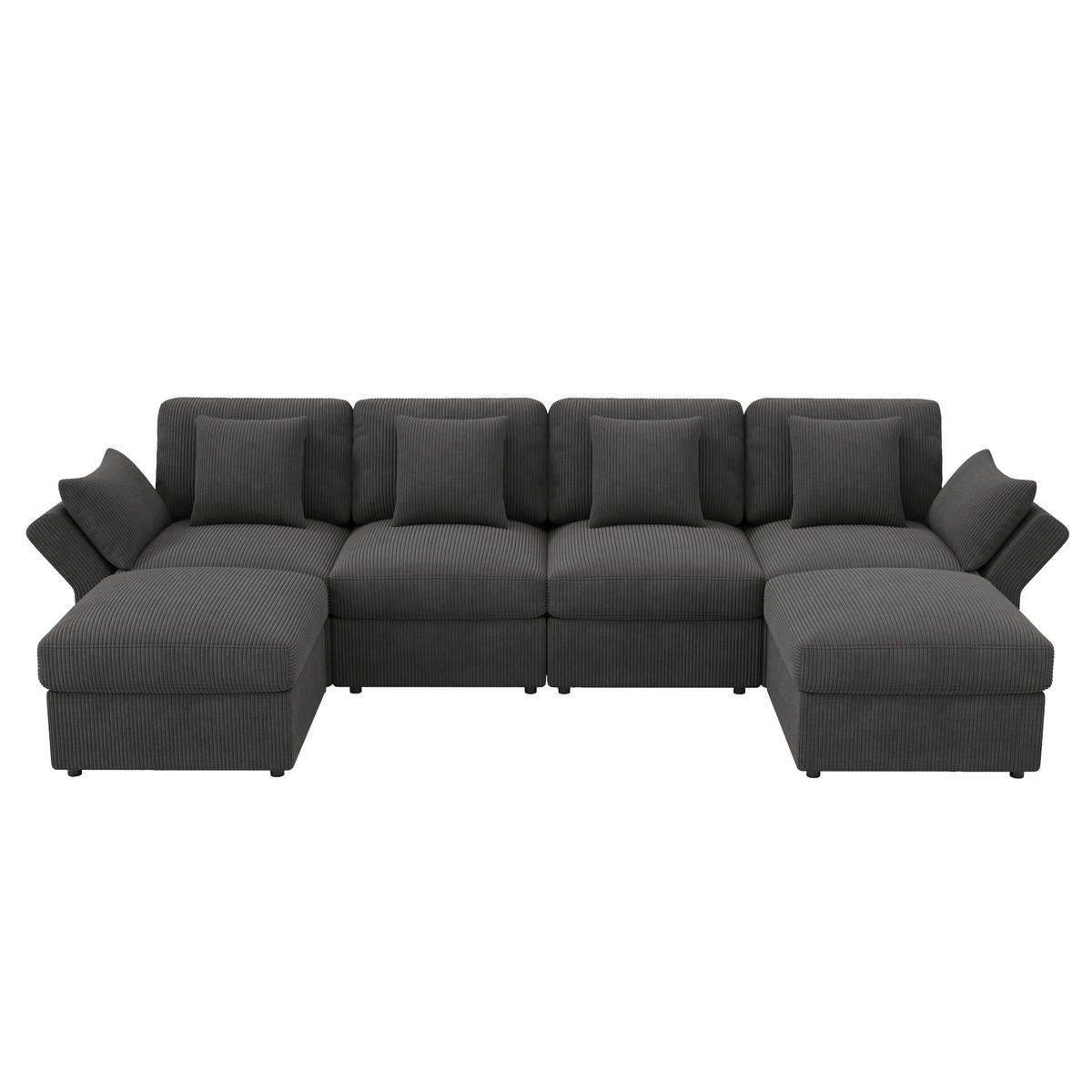 ECKSOFA 290/159,5/89 cm grau aus Cord mit verstellbaren Armlehnen und 2 Hockern - Grau, Textil (159.5/290cm) - OKWISH