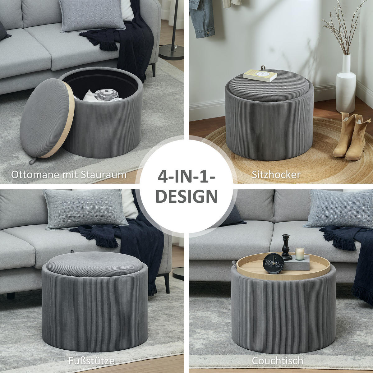 SITZHOCKER mit Stauraum Hocker mit Deckel, Cord-Optik 56 x 56 x 42 cm Grau - Grau, Textil (56/42/56cm) - HOMCOM