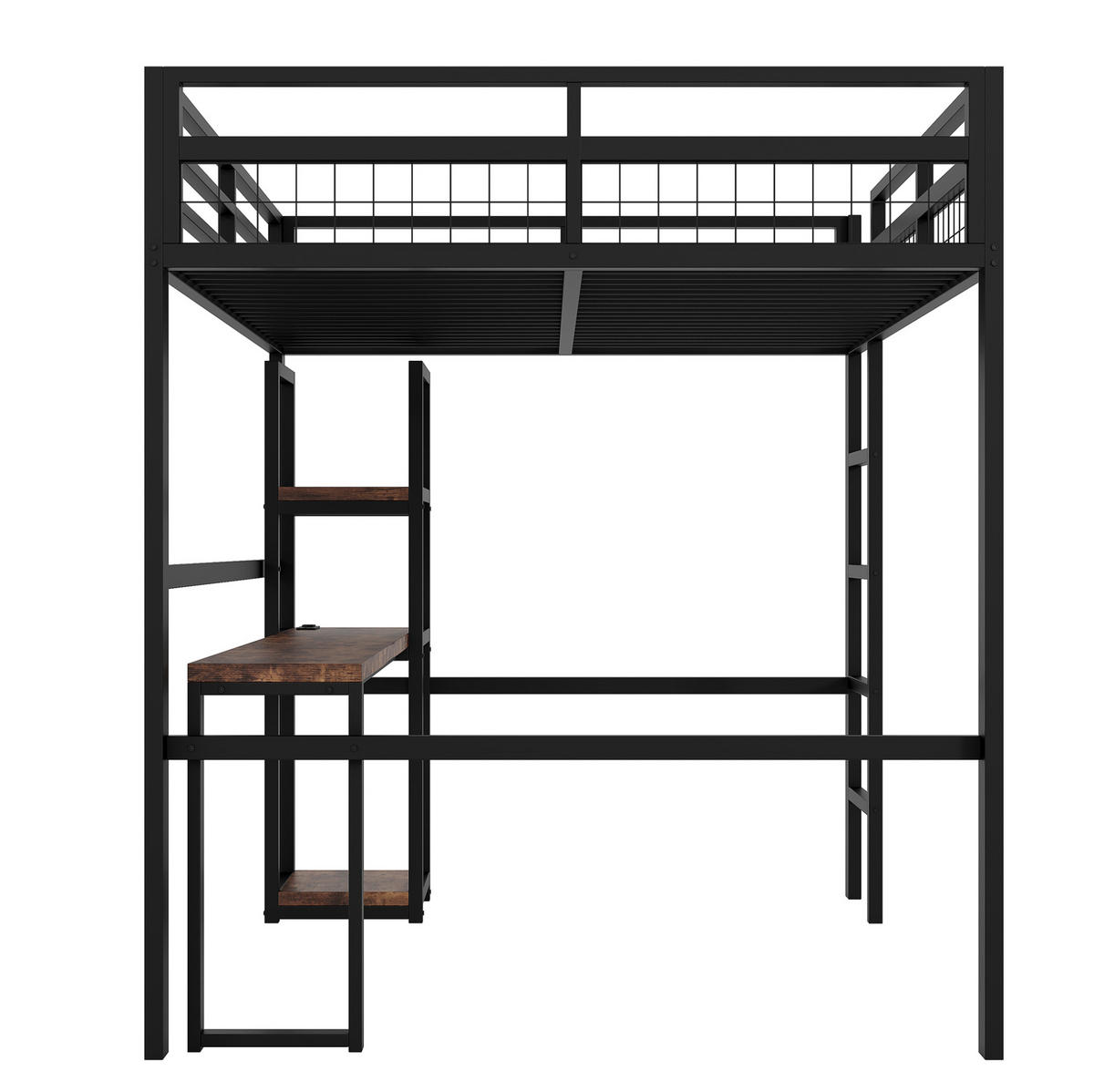HOCHBETT mit Schreibtisch 140/200 cm in Schwarz – mit Regalen, Leiter und Rausfallschutz - Schwarz, Metall (140/200cm) - BEAOK