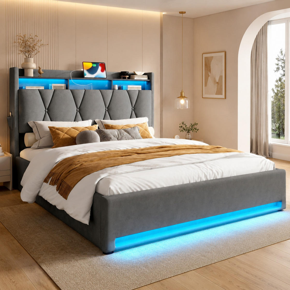 POLSTERBETT 160/200 mit LED, USB, Type-C, Bettkasten und Stauraum-Kopfteil in Grau - Grau, Holzwerkstoff/Textil (160/200cm) - EVRYAE