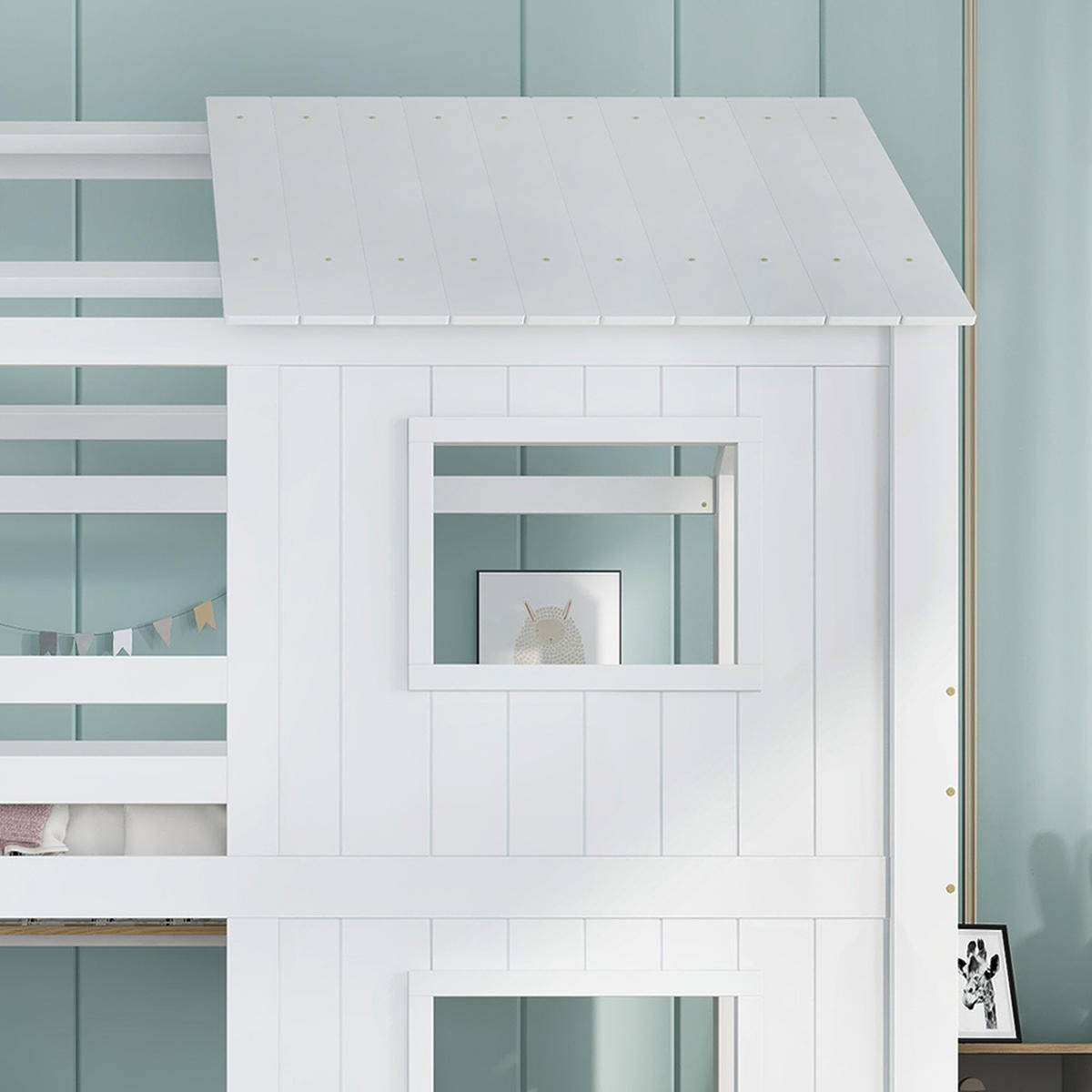 ETAGENBETT 90/200 cm in Weiß mit Treppenschrank, Schublade und Dach Kiefer & MDF - Weiß, Holz/Holzwerkstoff (90/200cm) - CHICFURN