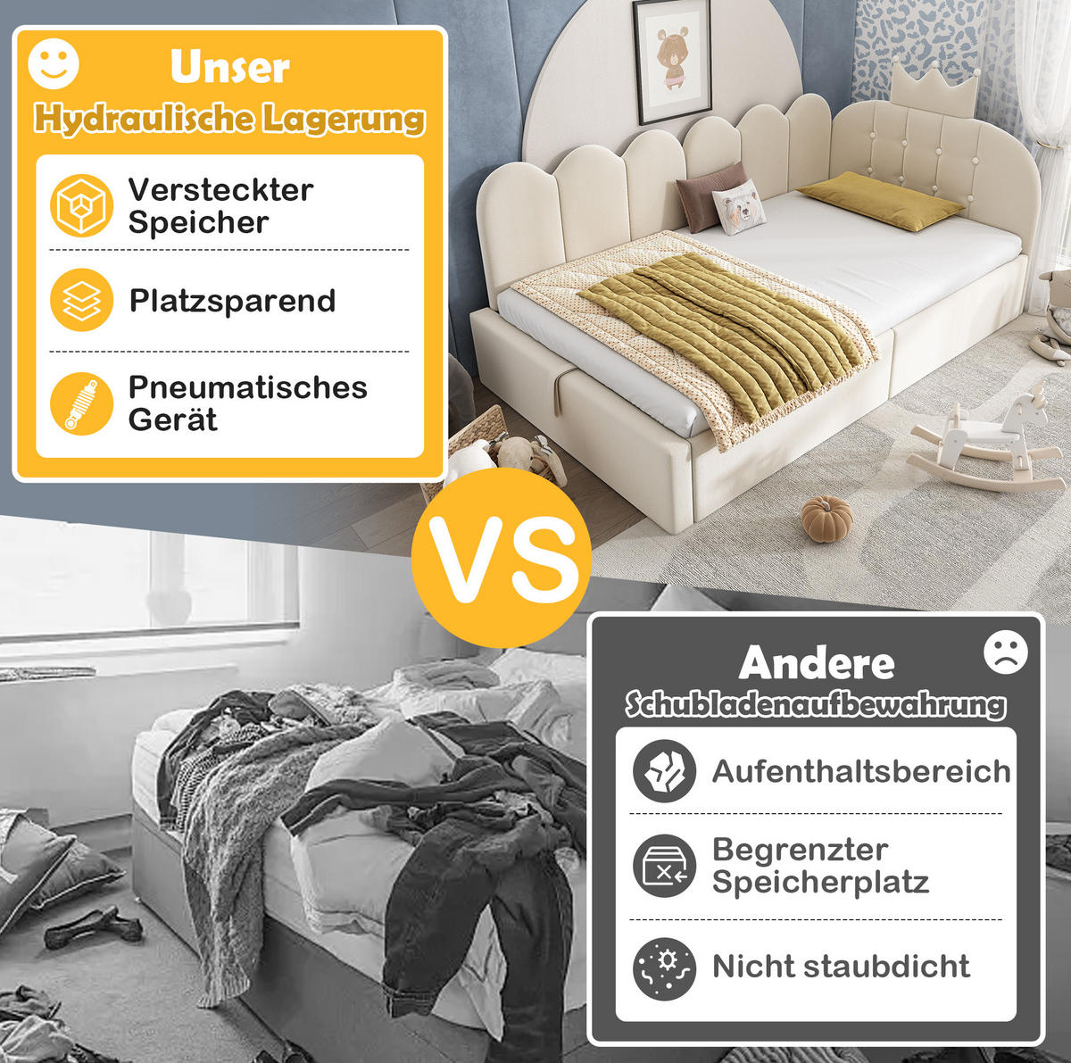 POLSTERBETT 90/200 cm in Beige mit Stauraum und Kronen-Design - Beige, Textil (90/200cm) - Flora Grace