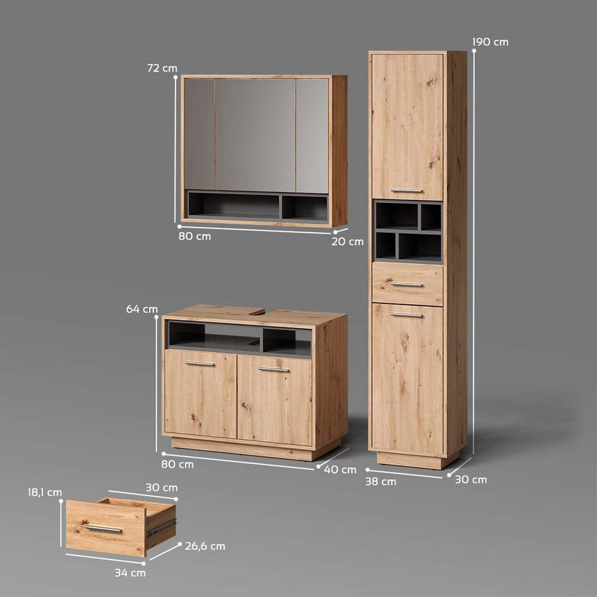BADMÖBEL-SET Temo Artisan-Eiche 3 Teile, mit Hochschrank - Anthrazit/Eiche Artisan, Holzwerkstoff (80/64/40cm) - Livinity®