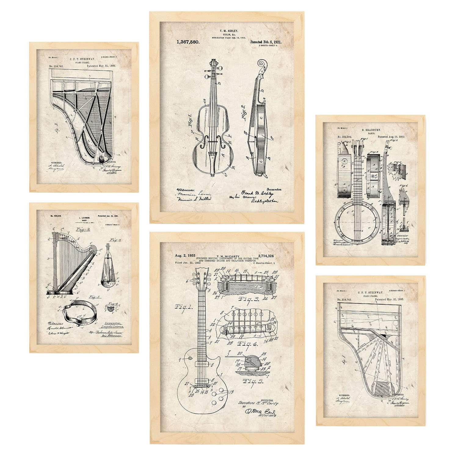 POSTER Set Mit 6 Mit Saiteninstrument Patenten Im Vintage Stil A3 & A4 Rahmen Aus Hellem Holz - Beige, Papier (29/3cm) - Nacnic