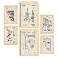POSTER Set Mit 6 Mit Saiteninstrument Patenten Im Vintage Stil A3 & A4 Rahmen Aus Hellem Holz - Beige, Papier (29/3cm) - Nacnic