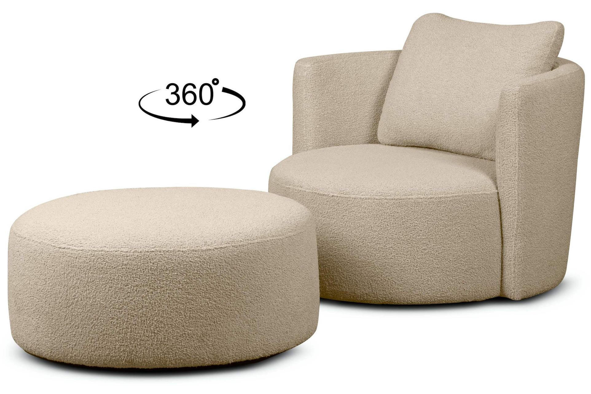 DREHSESSEL-SET RAGGI inkl. Sitzhocker, Boucle, Beige - Beige, Textil (92/75/80cm) - KONSIMO®