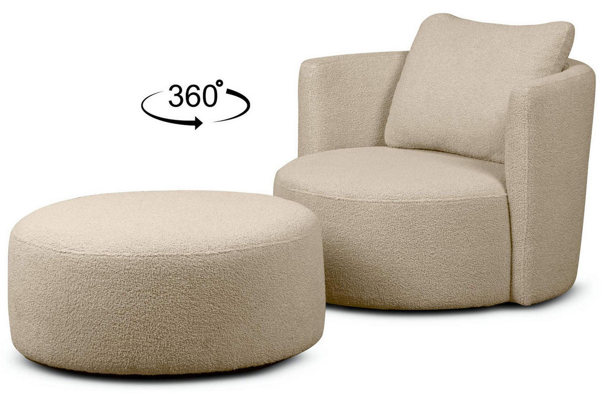 DREHSESSEL-SET RAGGI inkl. Sitzhocker, Boucle, Beige - Beige, Textil (92/75/80cm) - KONSIMO®