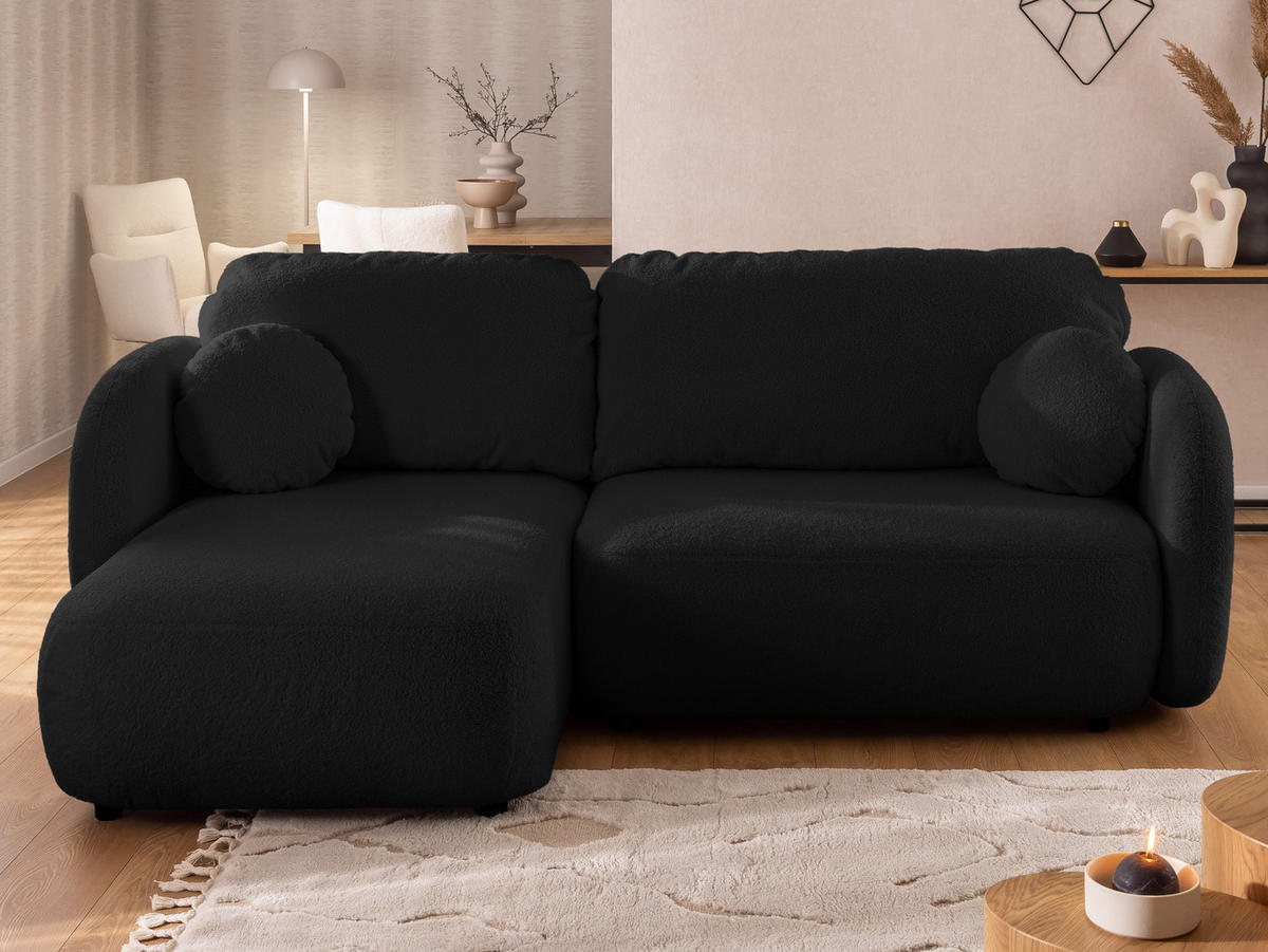 ECKSOFA Candy mit Schlaffunktion Schwarz Bouclé-Stoff - Ottomane links - Schwarz, Holz/Kunststoff (230/146cm) - S-Style Möbel