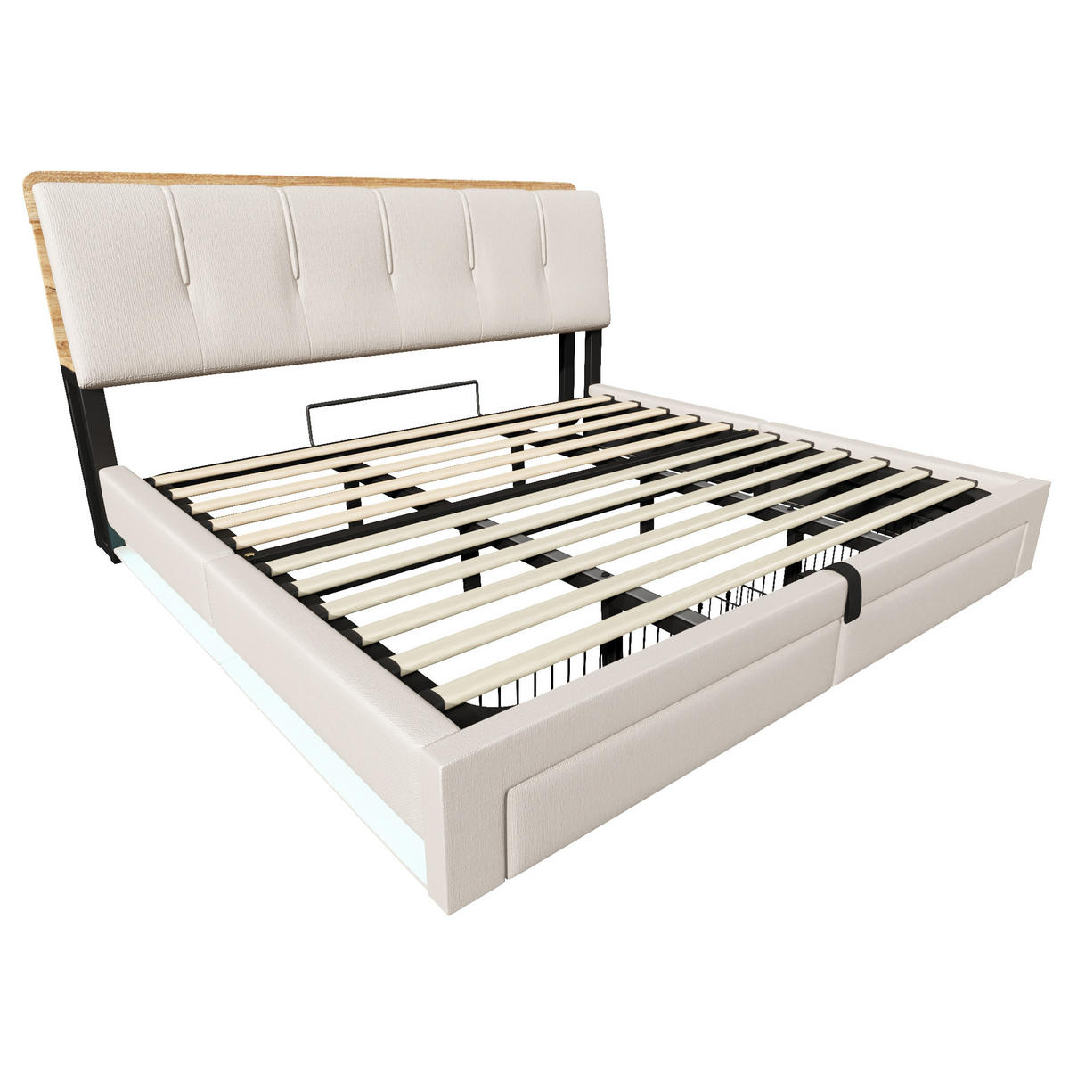POLSTERBETT 180/200 cm Beige mit USB-, Typ-C-Anschluss, LED und hydraulischem Stauraum aus Leinen - Beige, Textil (180/200cm) - OKMYHOME