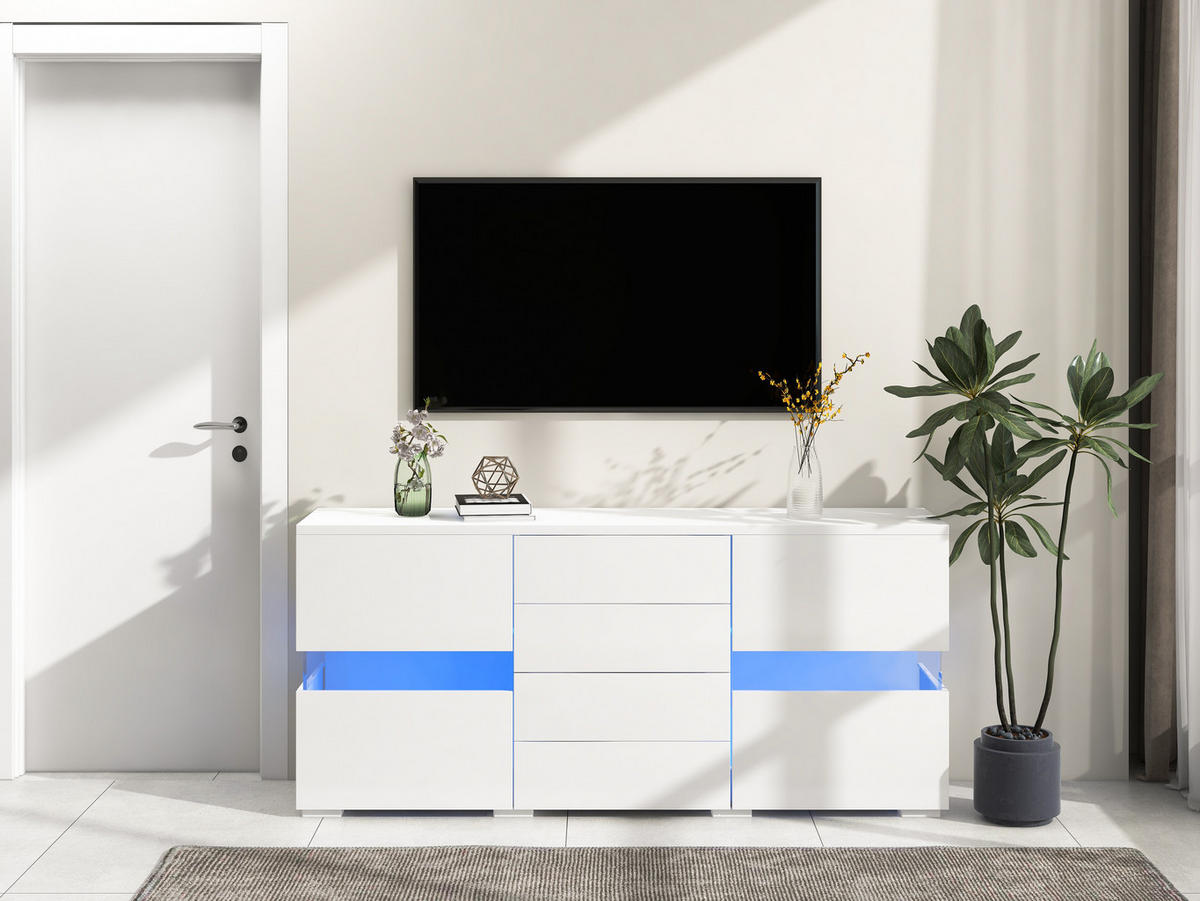 SIDEBOARD 140/35/72 cm, Hochglanz-Front, 2 Acryltüren und 4 Schubladen, 16-Farben RGB-LED, Weiß - Weiß, Holzwerkstoff (140/72/35cm) - Redom