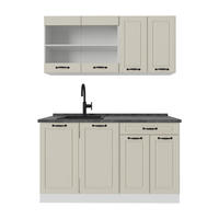 SINGLEKÜCHE R-Line, Sand Landhaus/Weiß, 140 cm Arbeitsplatte Anthrazit - Beige/Weiß, Holzwerkstoff (140/81.6/60cm) - Vicco