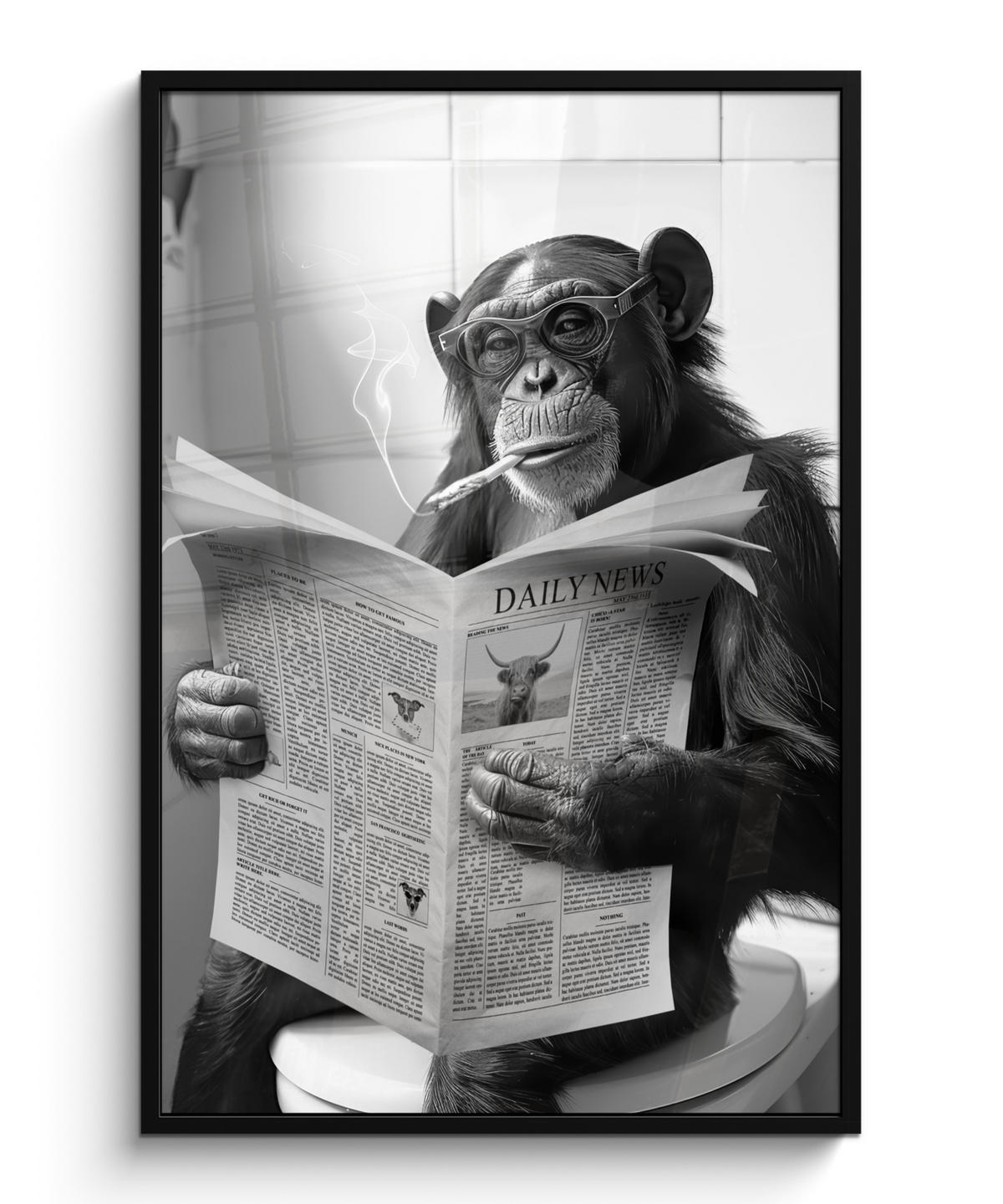 GERAHMTES BILD Affe - WC - Zeitung - Schwarz-Weiß - Humor 80x120 cm - Hellgrau, Papier (80/120cm) - MuchoWow