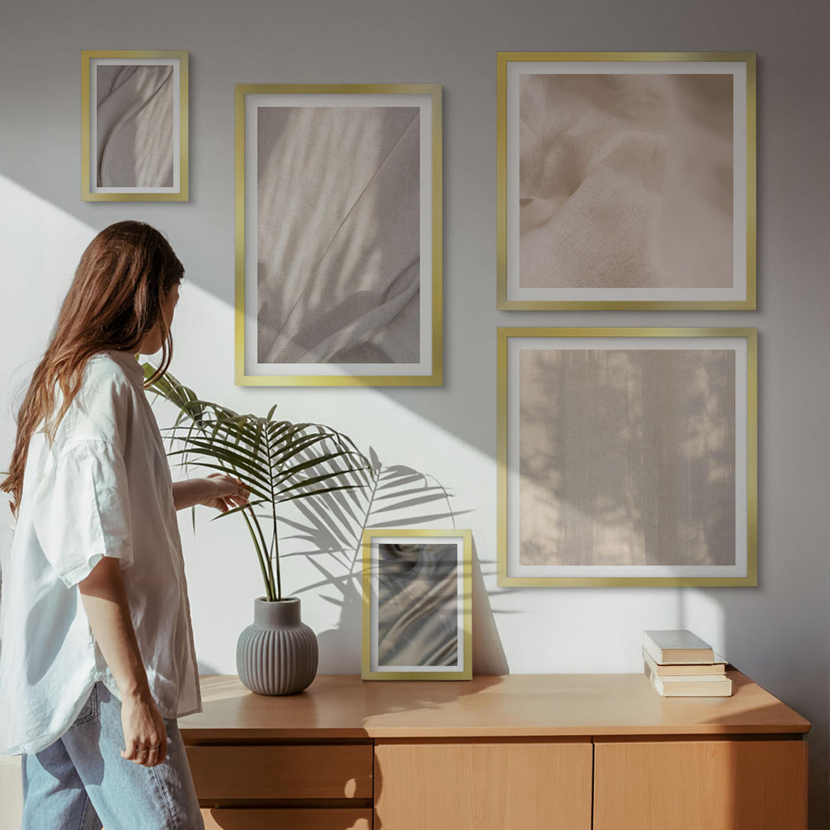 WANDBILDER 5er Set - 50x50 cm & 20x30 cm & 40x60 cm Goldrahmen - Nahaufnahme von natürlichen Boho-Stoffen - Goldfarben, Kunststoff (40/60cm) - ArtPrintCave