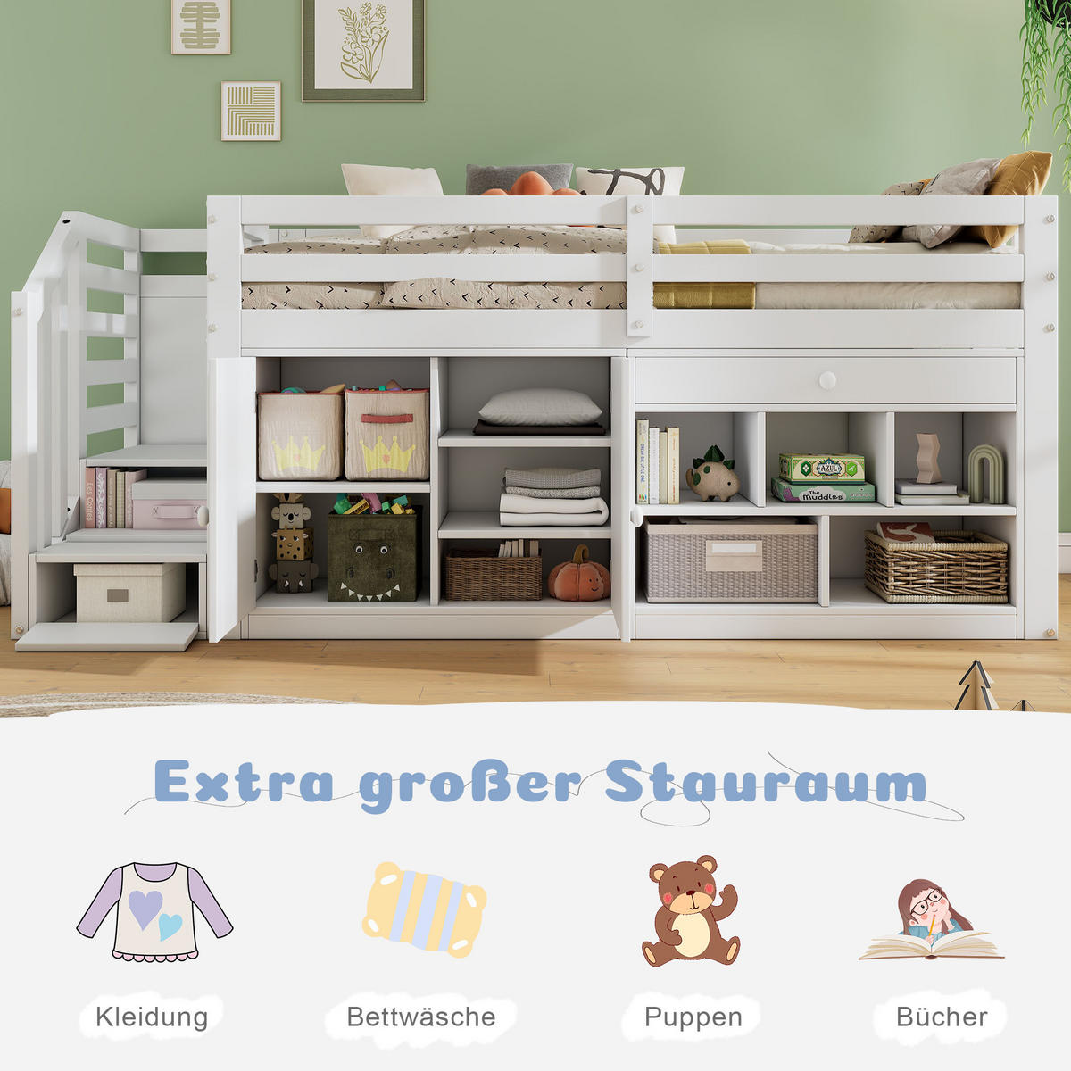 KINDEREINZELBETTEN aus Massivholz 90x200 cm in Weiß mit Treppe & Stauraum - Weiß, Holz (90/200cm) - Modfu