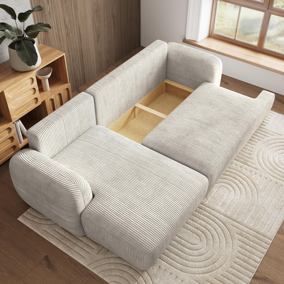 ECKSOFA MODENZA P L-S Creme Kordstoff mit Schlaffunktion - Creme, Holz (266/148cm) - MASSENO