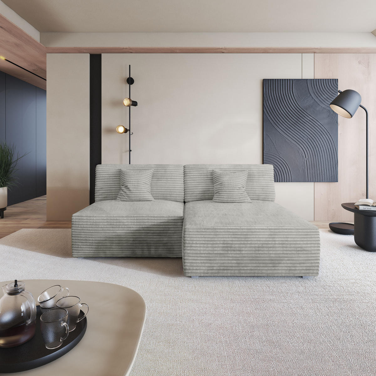 ECKSOFA FIORO Hellgrau Kordstoff mit Schlaffunktion - Hellgrau, Holz (204/148cm) - MASSENO