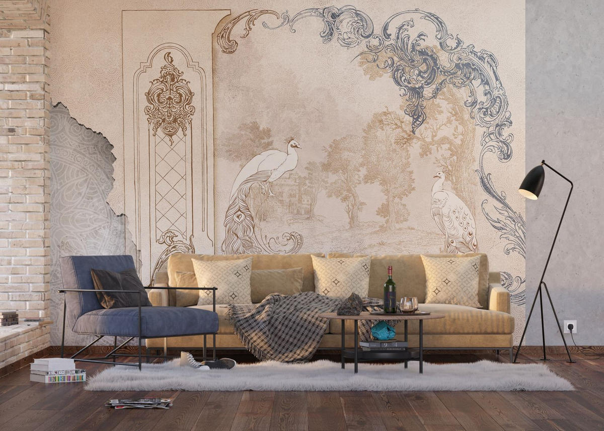FOTOTAPETE orientalische Landschaft mit Pfauen 375 x 270 cm - Beige, Papier (375/270cm) - Sanders & Sanders