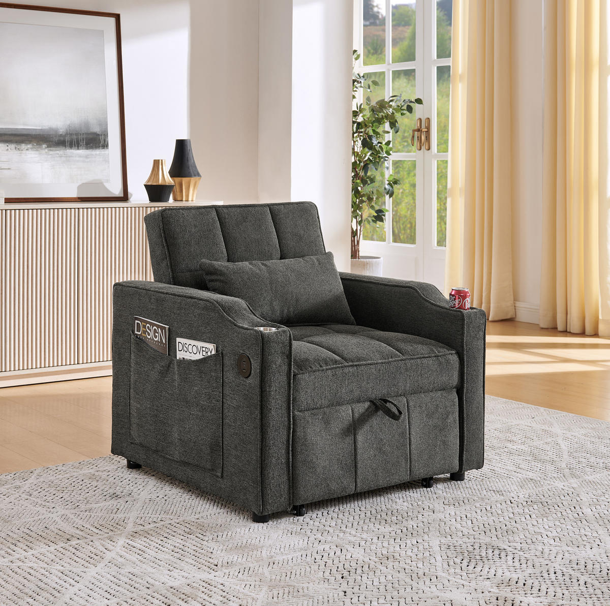 SCHLAFSESSEL 3-in-1 mit Bettfunktion 190 cm Stoff Dunkelgrau - Dunkelgrau, Holz (85/86/190cm) - Meubliv