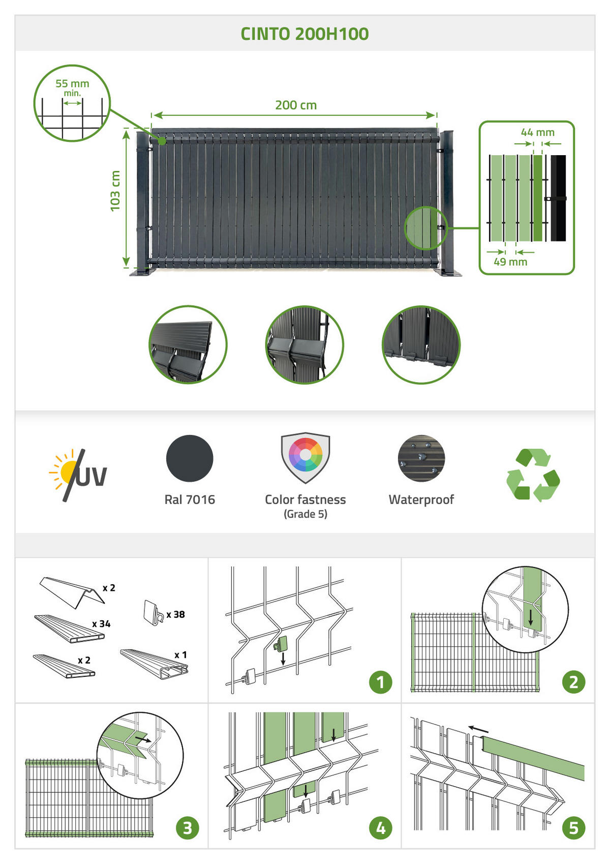 PVC-SICHTSCHUTZLAMELLEN-STEIF-SET Cinto grau 2m H.100cm - Mit clips und Endprofil - Grau, Kunststoff (200/103cm) - Casanoov