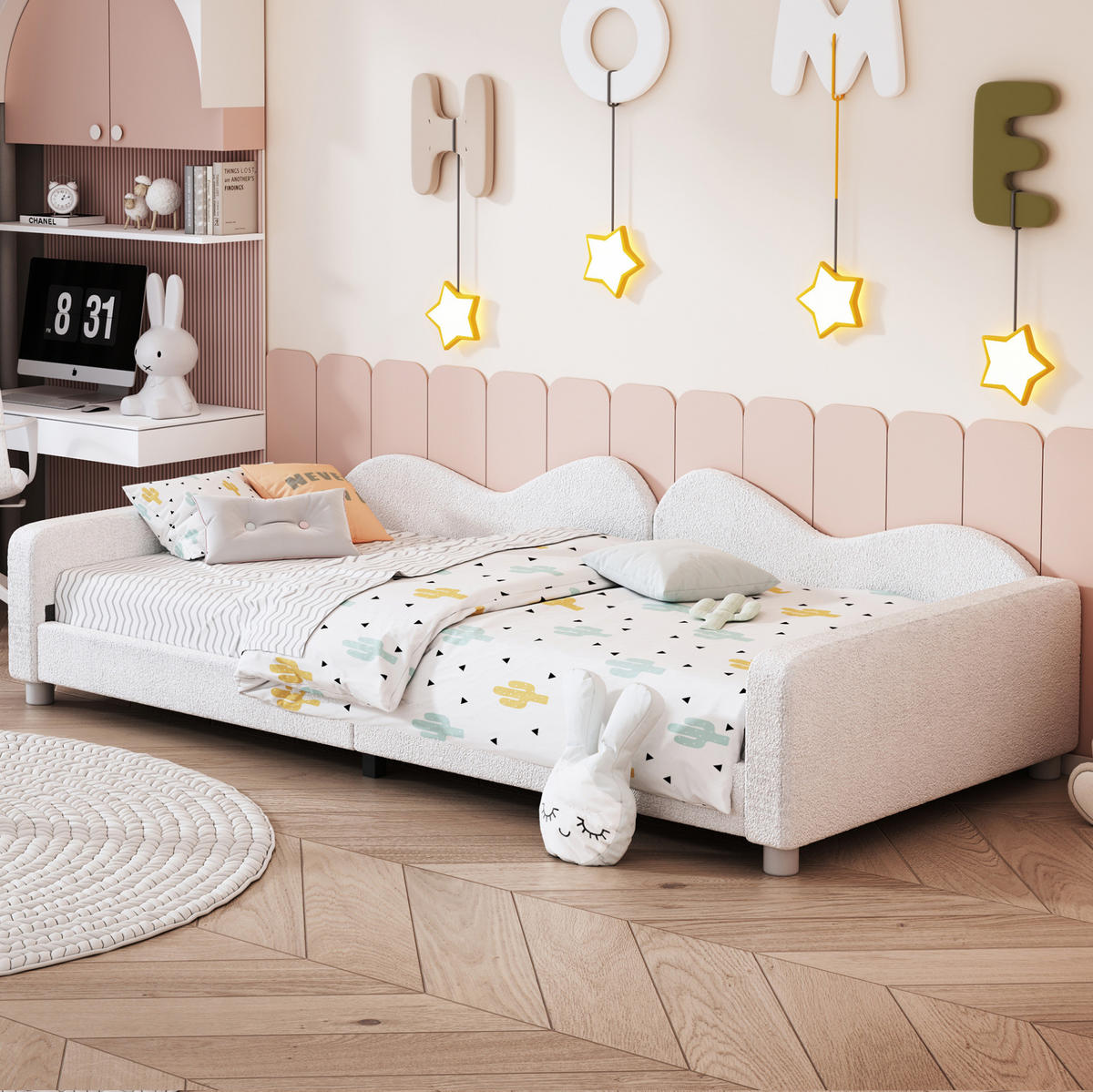 KINDERBETT 90/200 cm mit Rückenlehne und Armlehnen, Teddystoff-Polsterbett als Schlafsofa, Weiß - Weiß, Textil (90/200cm) - Redom