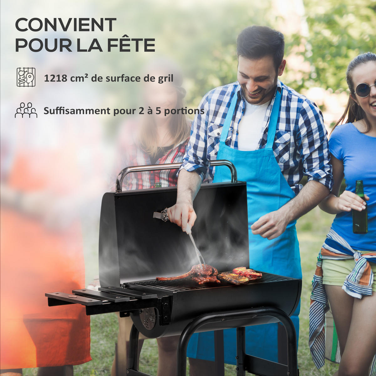HOLZKOHLEGRILL DE-18267 mit Deckel, Thermometer & Seitenablage Schwarz - Schwarz, Metall (46.5/115/83cm) - ComfortXL