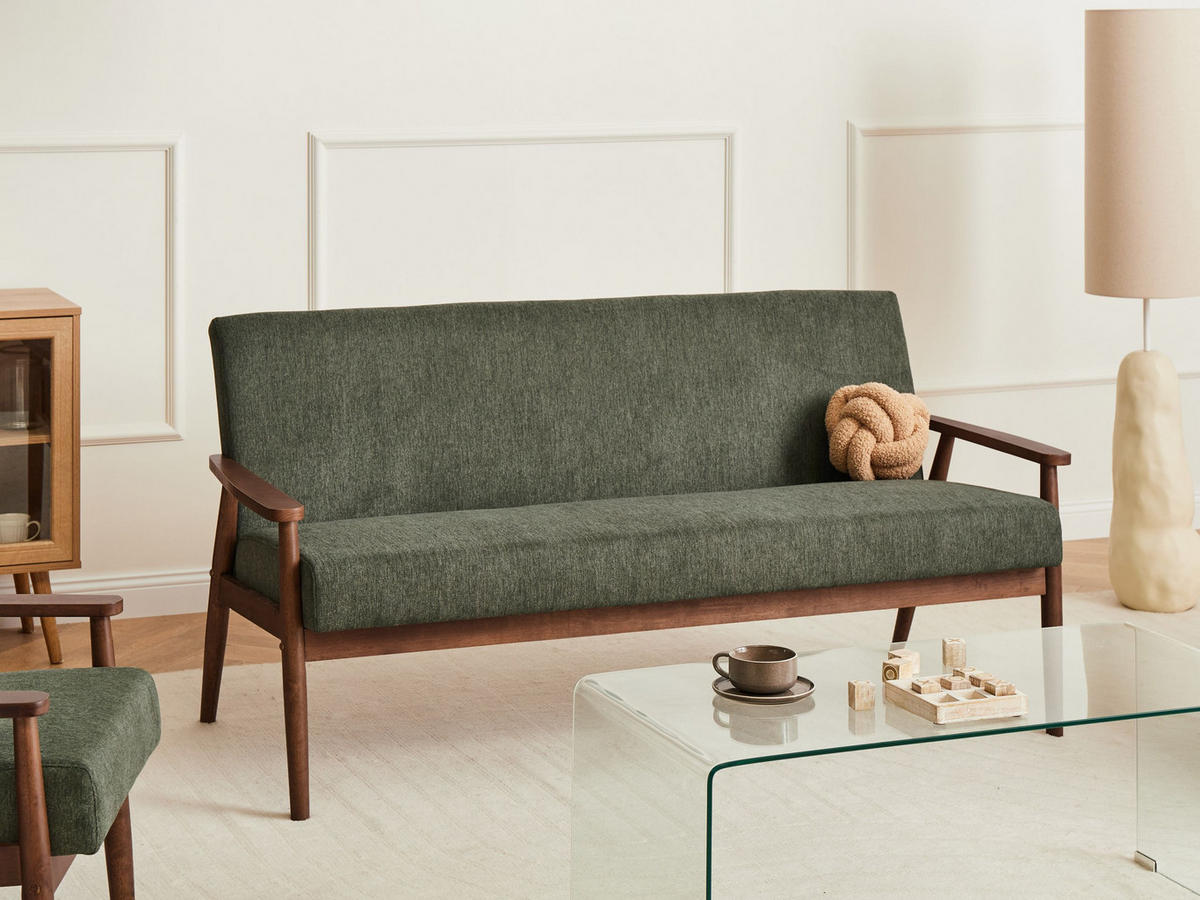 SOFA 3-Sitzer Dunkelbraun/Grün Esrum - Dunkelbraun/Grün, Holz/Textil (151/79/72cm) - Beliani