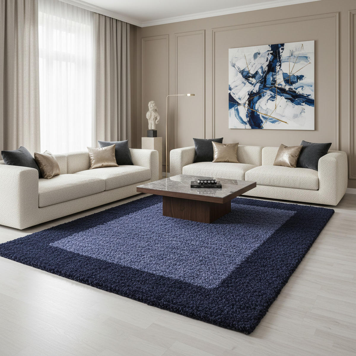 HOCHFLORTEPPICH Shaggy Bordüren-Design Kuschelig Waschbar Wohnzimmer Marineblau 100x200 cm – RHEIN - Blau, Textil (100/200cm) - KADIMA DESIGN