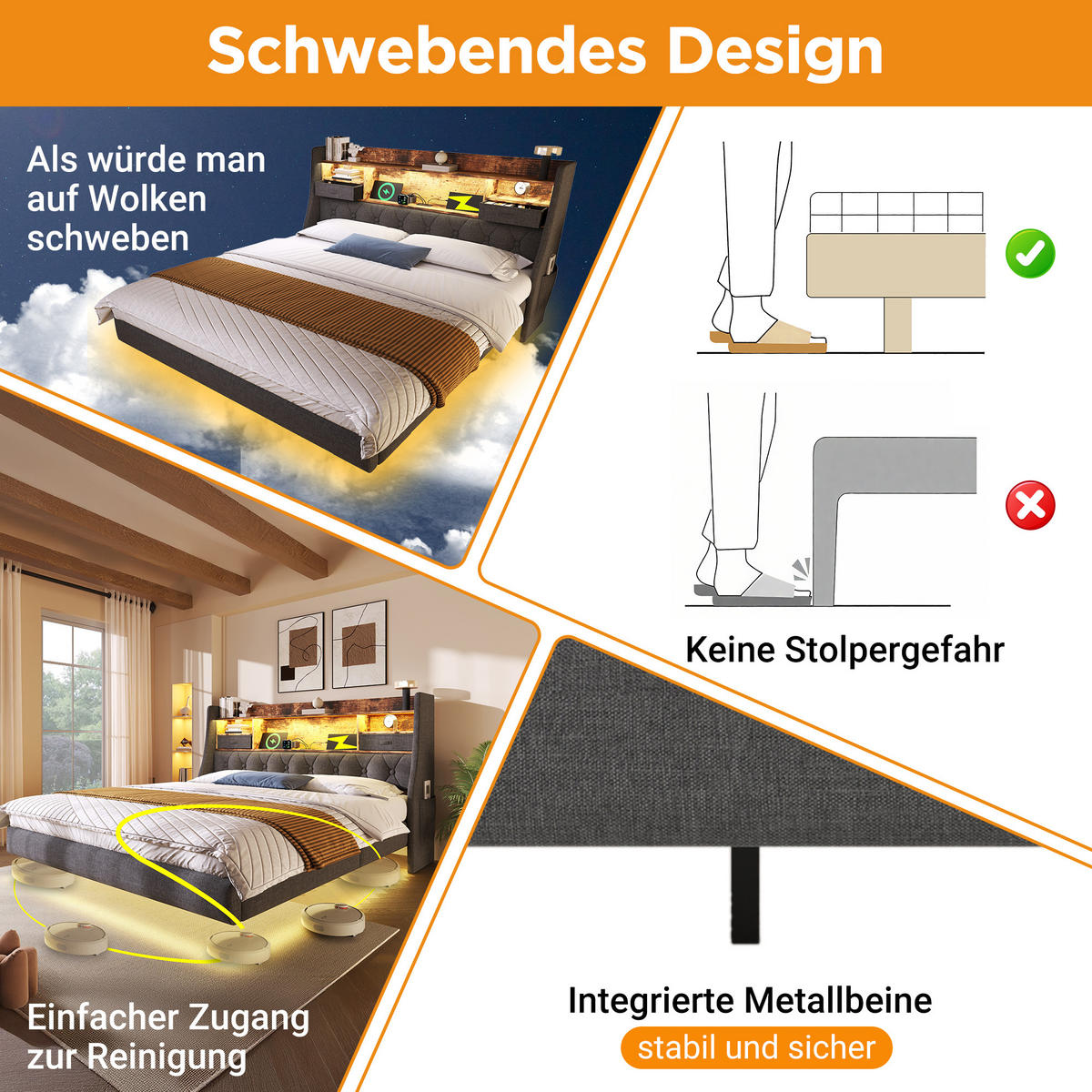 POLSTERBETT 160/200 cm mit LED-Beleuchtung, USB- und Type-C-Anschluss, Stauraum-Kopfteil und Matratze aus Leinen, Grau - Grau, Textil (160/200cm) - Redom