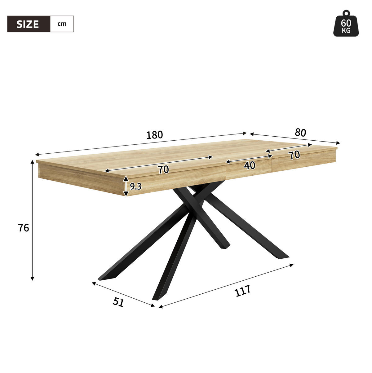 RAZVLAČNI blagovaonski stol 140–180/80 cm za 6–8 osoba, MDF ploča i križne metalne noge, Hrast - boje hrasta, drvni materijal (180/80/76cm) - Redom