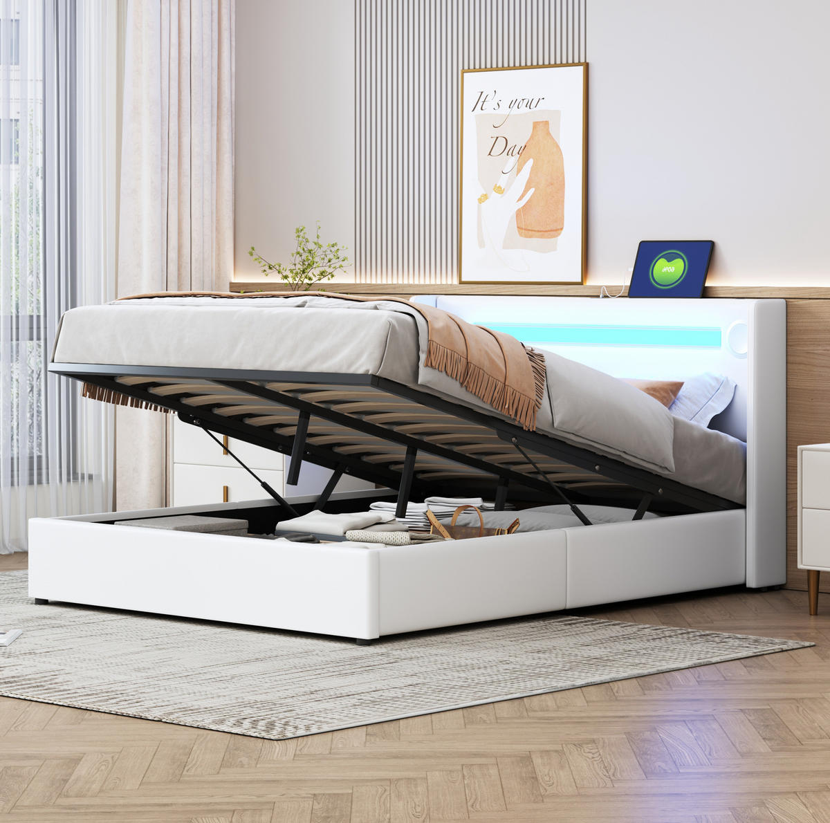 POLSTERBETT 140/200 cm mit LED-Beleuchtung, Bluetooth-Lautsprecher, USB-Anschlüssen und hydraulischem Bettkasten, Weiß - Weiß, Kunststoff (140/200cm) - Redom