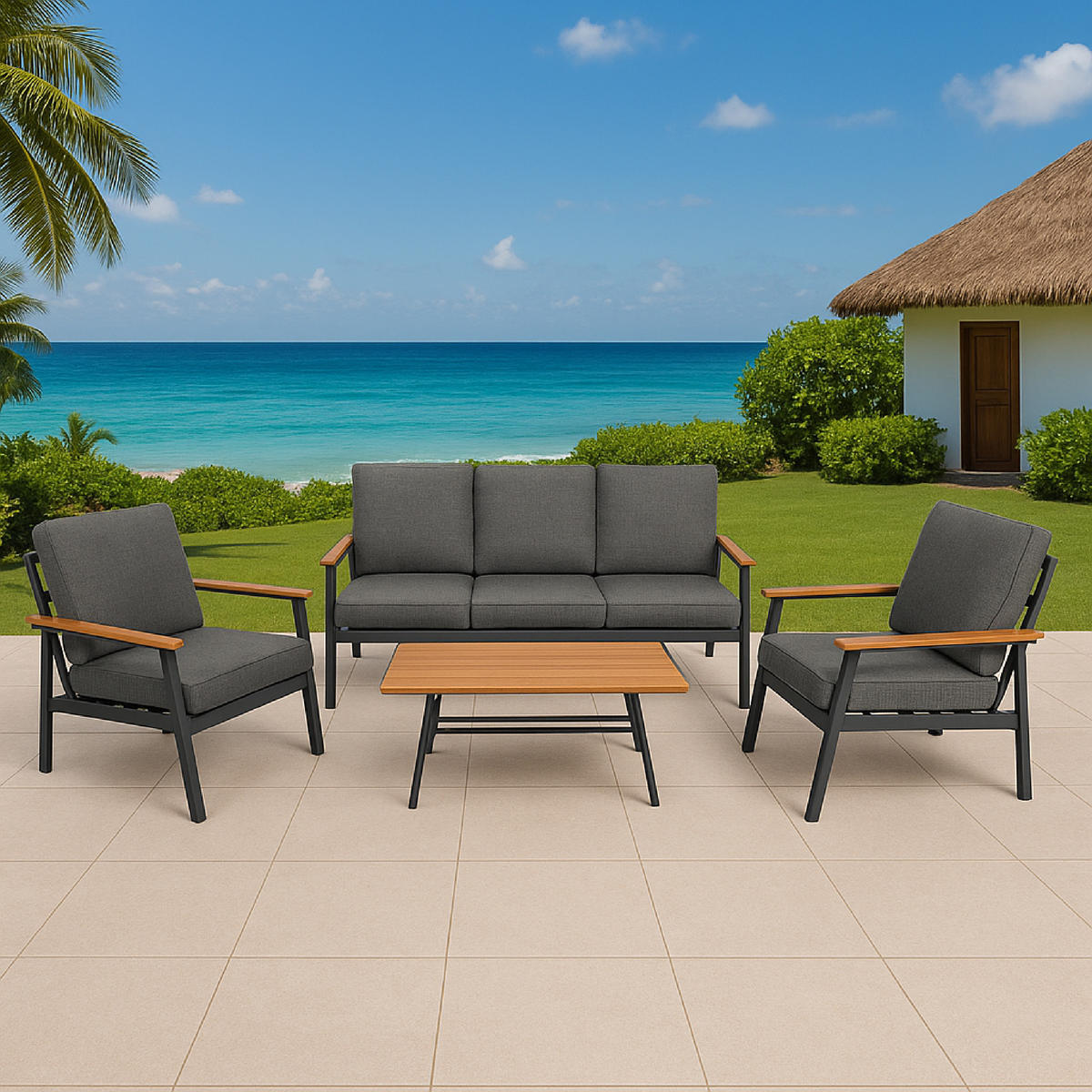 LOUNGESET Chatham - 4-teilig (1x 3-Sitzer Sofa mit Polster, 2x 1-Sitzer Lehnensessel mit Polster, 1x Kaffetisch) - Grau, Metall - TPFGarden