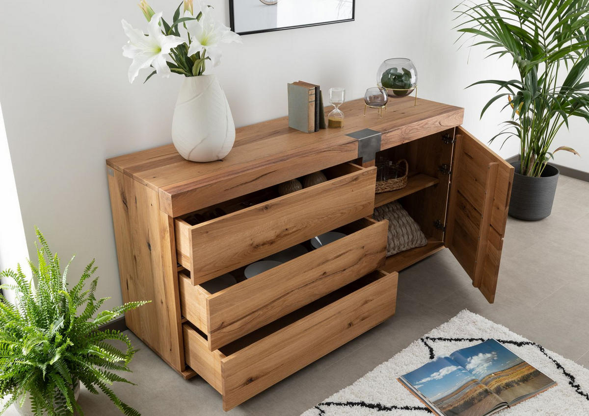 SIDEBOARD Wildeiche / Zerreiche 160x45x75 natur geölt NEW AMSTERDAM #10 - Naturfarben, Holz (160/75/45cm) - Massivmoebel24