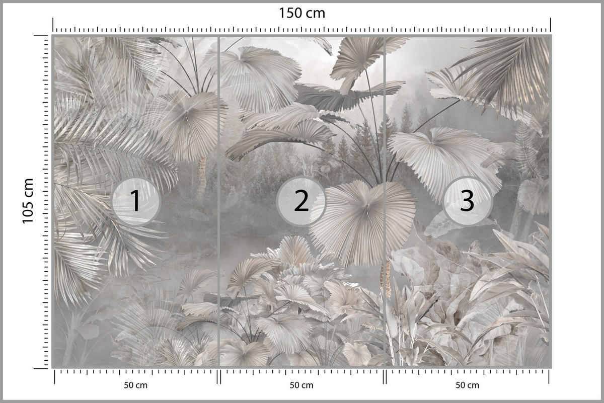 FOTOTAPETA Pre Obývaciu Izbu Tropické Listy Džungľa Palmy Sivá 150 x 105 cm - sivá/béžová, papier (150/105cm) - Muralo