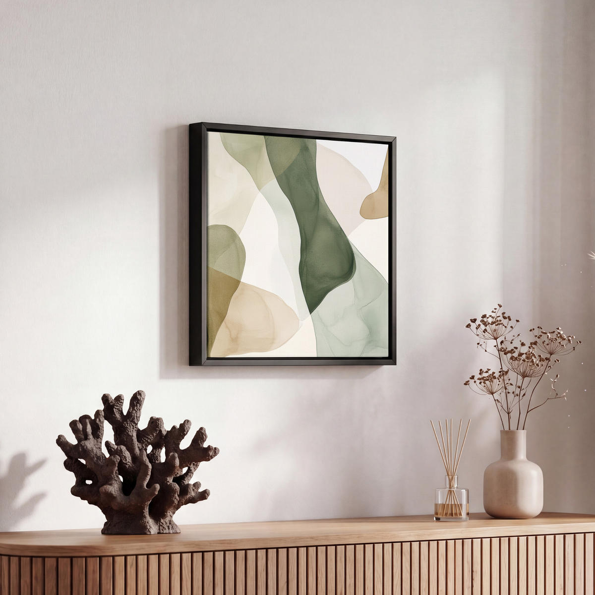 LEINWAND Bilder mit Rahmen - Japandi - Abstrakt - Grün - 20x20 - Salbeigrün, Textil (20/20cm) - MuchoWow