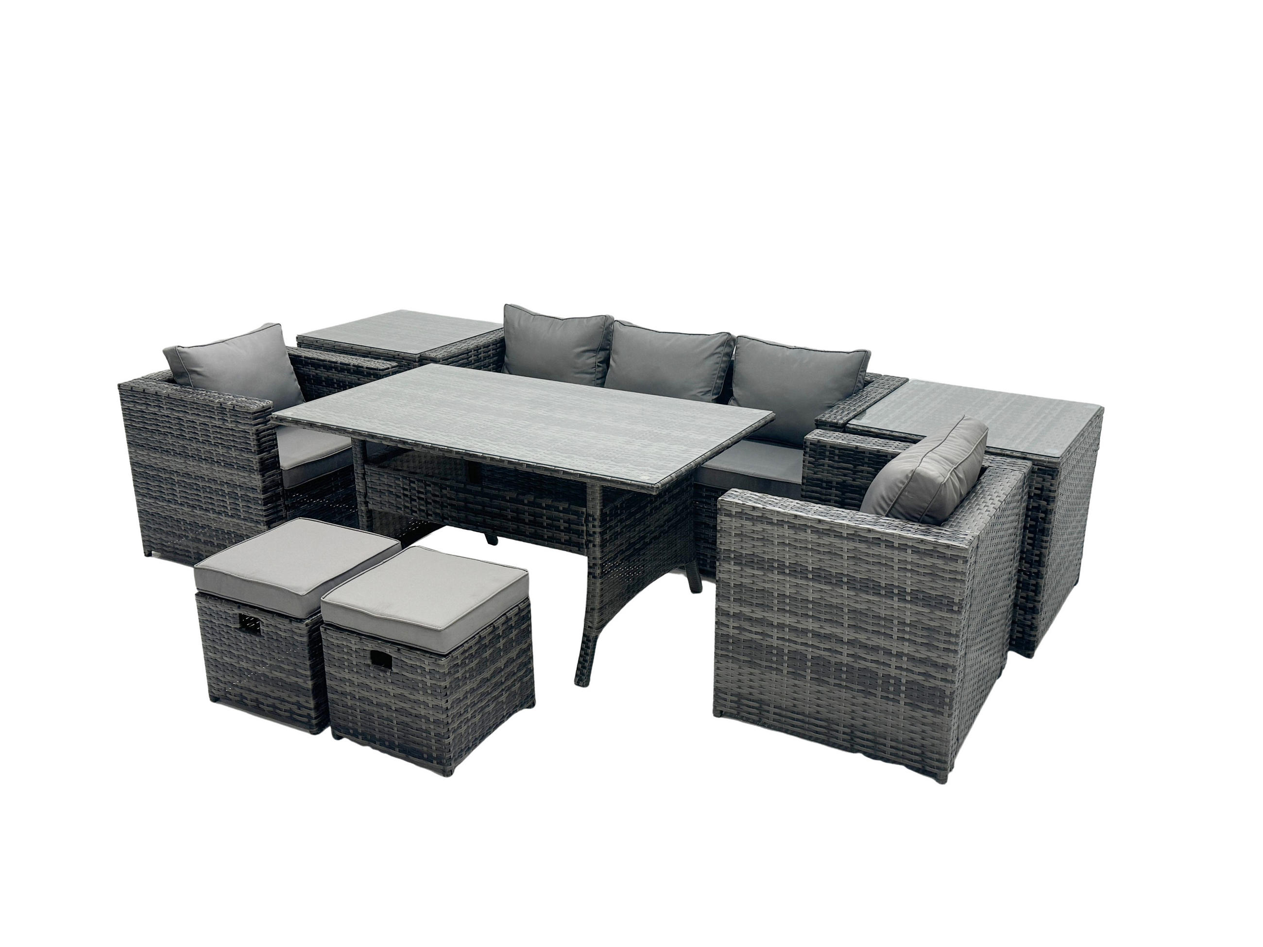 LOUNGEGARNITUR mit Stuhl Polyrattan Dunkelgrau 7-Sitzer - Dunkelgrau/Grau, Glas/Kunststoff - Fimous