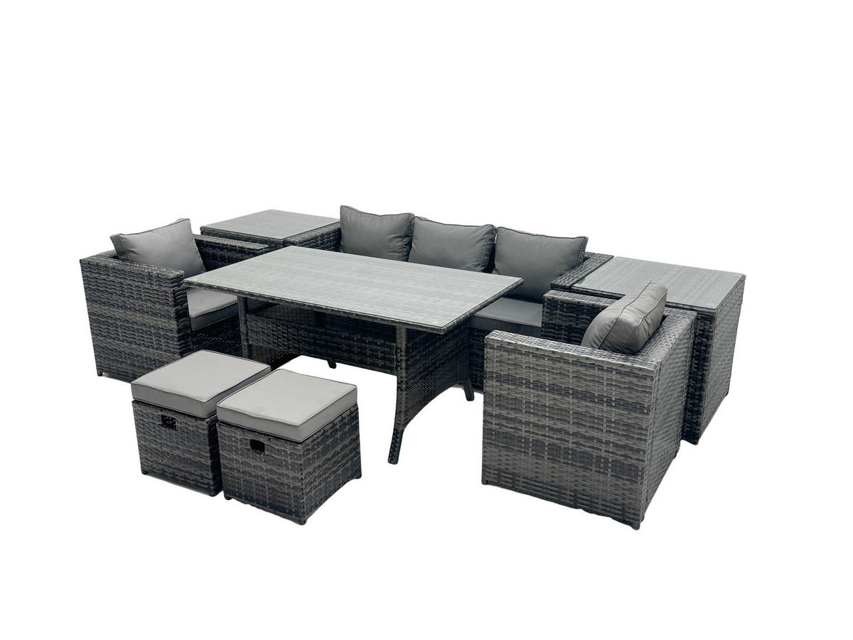 LOUNGEGARNITUR mit Stuhl Polyrattan Dunkelgrau 7-Sitzer - Dunkelgrau/Grau, Glas/Kunststoff - Fimous