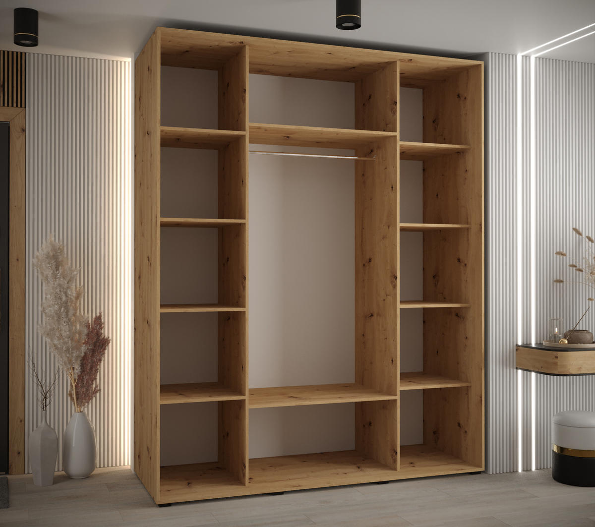 SCHWEBETÜRENSCHRANK 235,2/190/60 3-türig - Silberfarben/Eiche Artisan, Holz/Metall (190/235/60cm) - Abiks Möbel