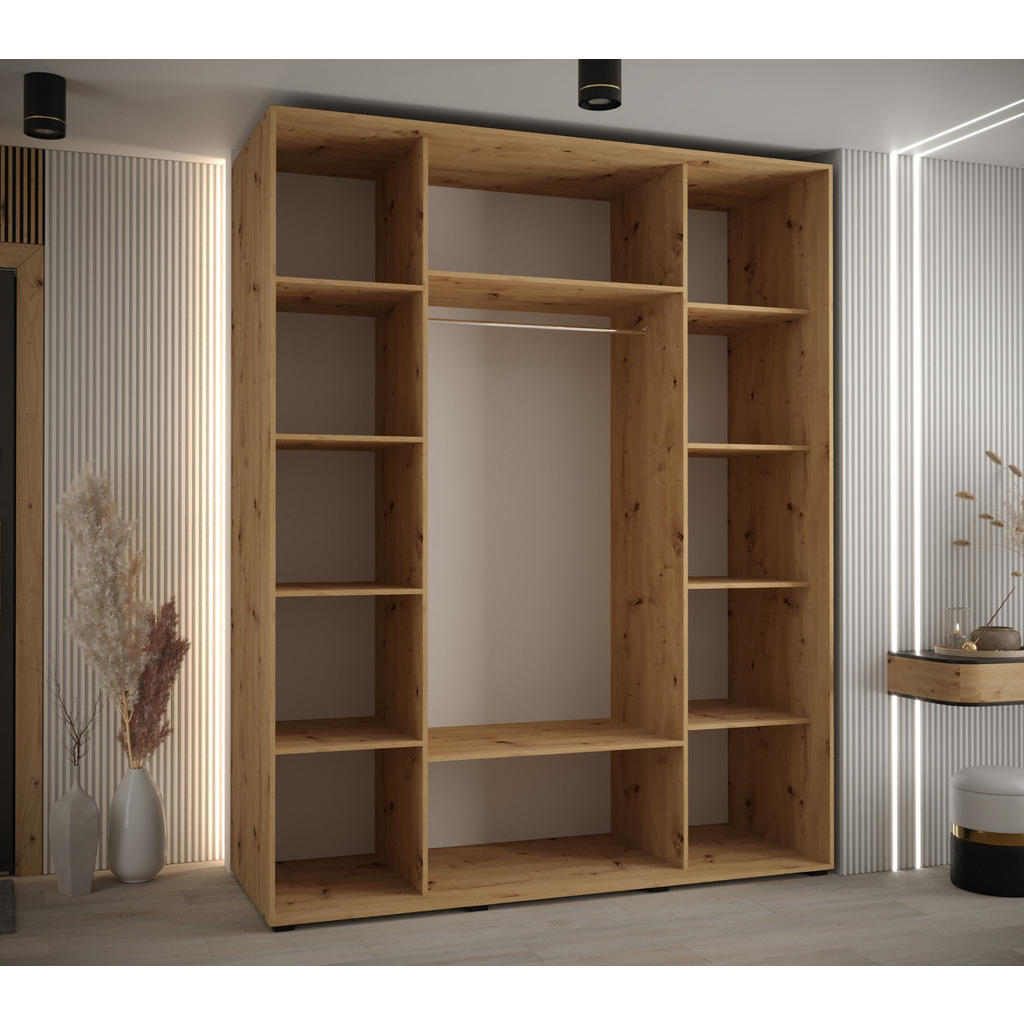 Thumbnail - Abiks Möbel Schwebetürenschrank, Eiche Artisan, Eiche Artisan, Schwarz, Metall, Nachbildung, 6 Fächer, 200x205.2x60 cm, ...