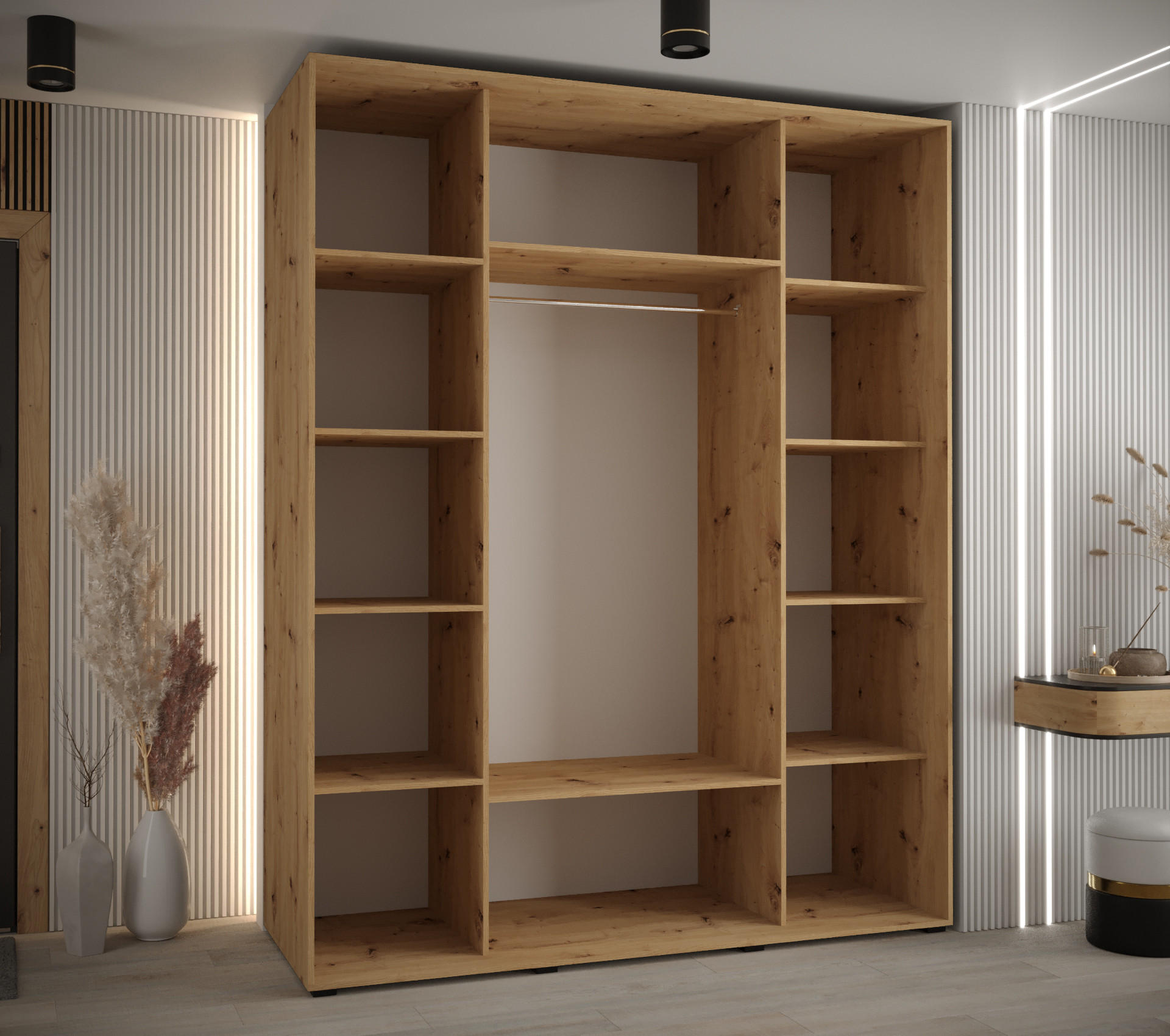 Thumbnail - Abiks Möbel Schwebetürenschrank, Eiche Artisan, Schwarz, Schwarz, Metall, Nachbildung, 10 Fächer, 190x235x60 cm, Schlafz...