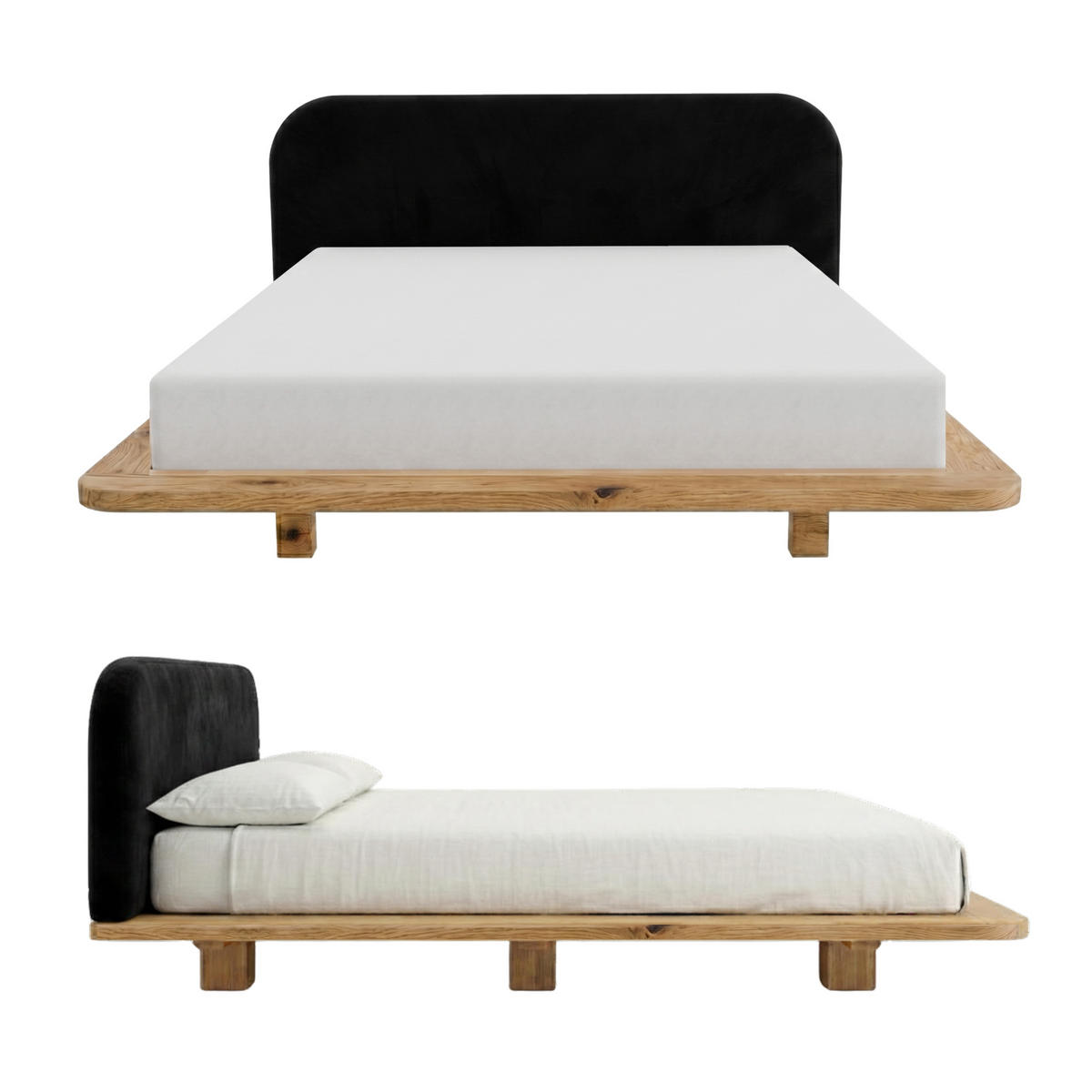 MASSIVHOLZBETT Eyko BORA, 180/200, Wildeiche - lackiert, Samt-Kopfteil Schwarz - Eichefarben/Schwarz, Holz/Textil (180/200cm)