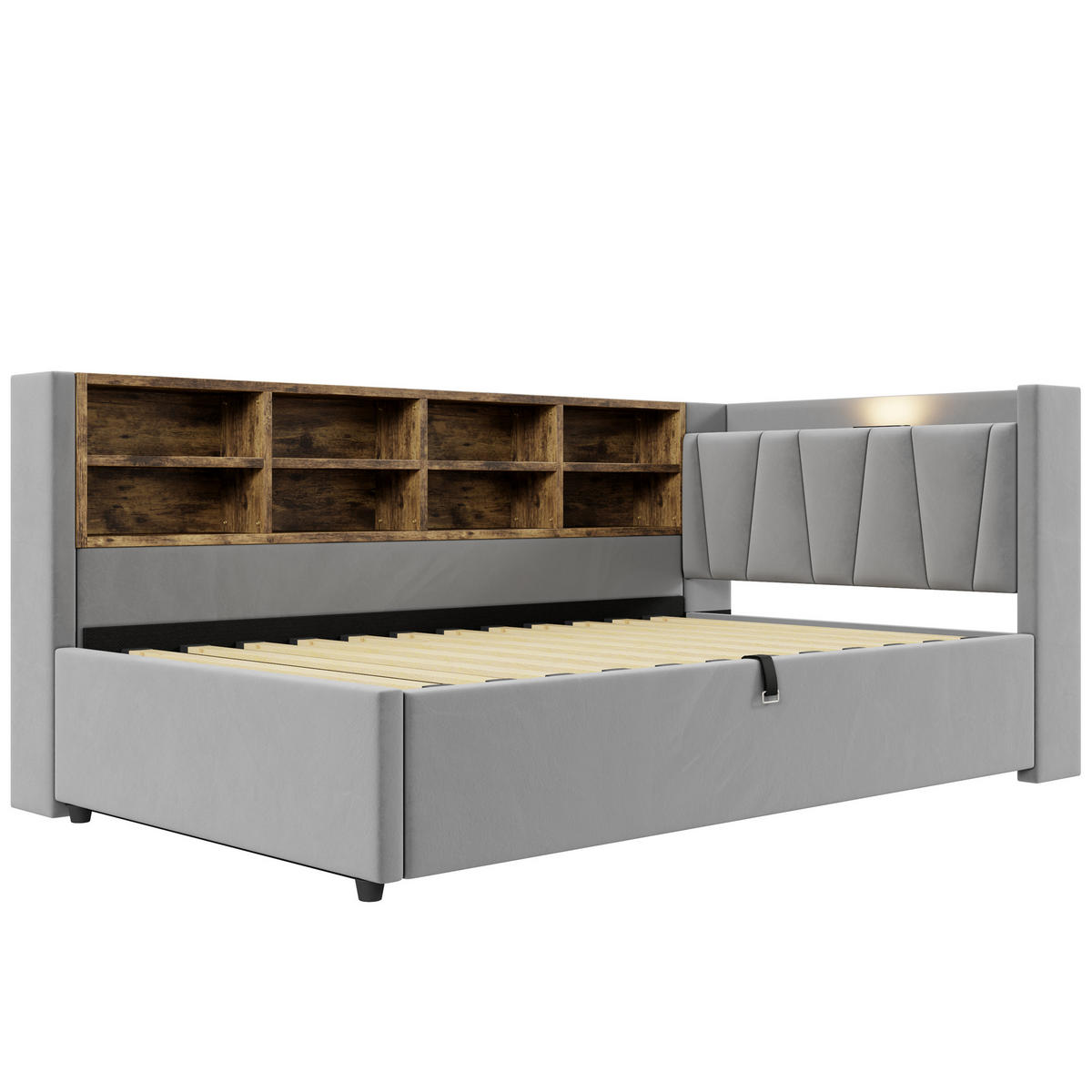 SCHLAFSOFA 90/200 cm in Hellgrau Samt mit Stauraum, USB und LED - Hellgrau, Holzwerkstoff/Textil (90/200cm) - WISHDOR