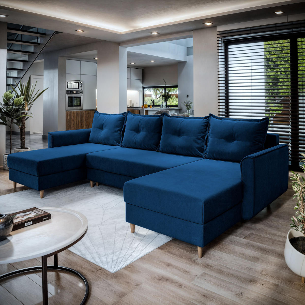WOHNLANDSCHAFT VERNI Blau Plüsch-Stoff mit Schlaffunktion - Blau, Holz (285/91/143cm) - MASSENO