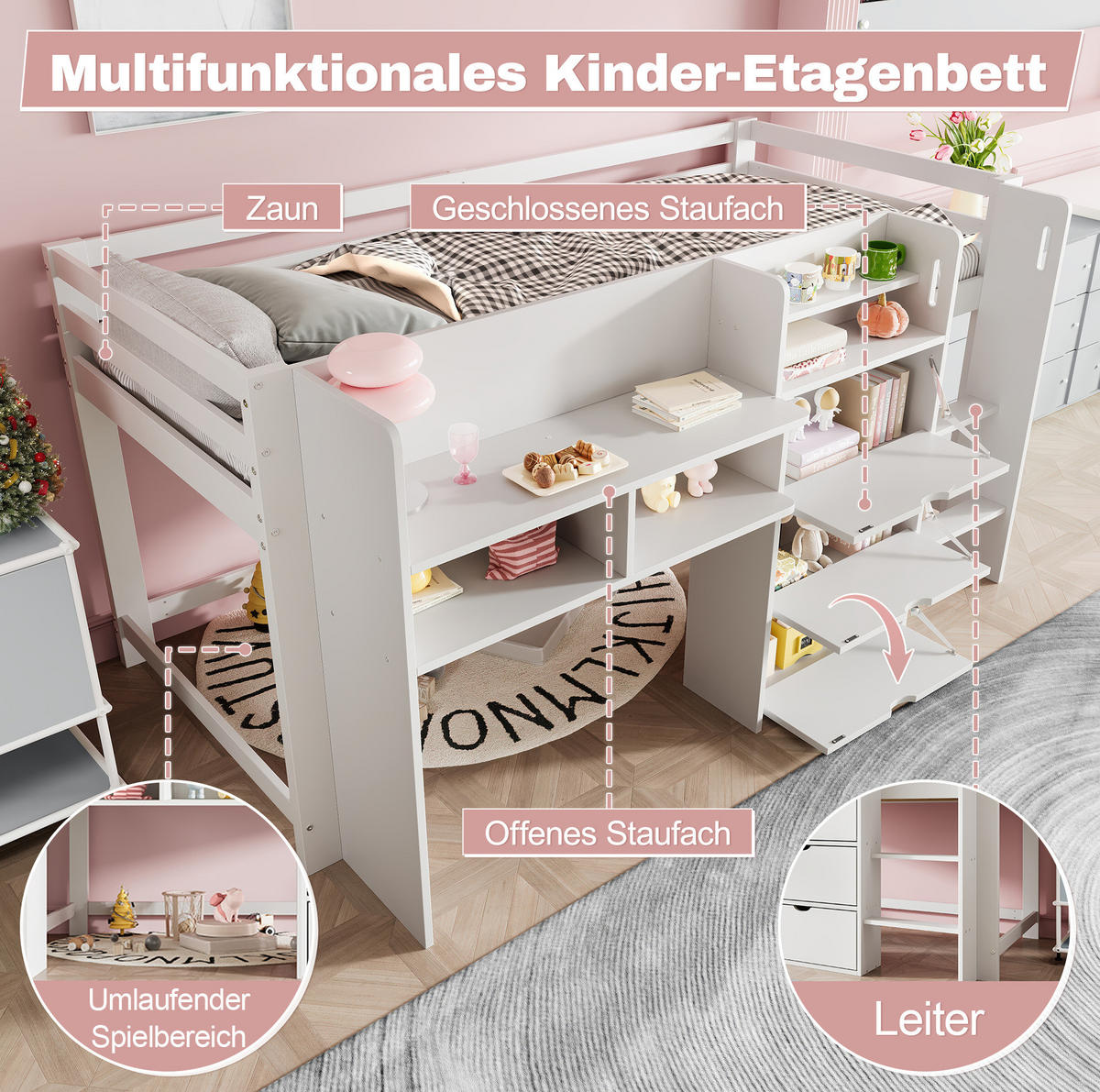 HALBHOHES Bett 90/200 cm weiß aus Kiefer mit Stauraum - Weiß, Holz (90/200cm) - OKWISH