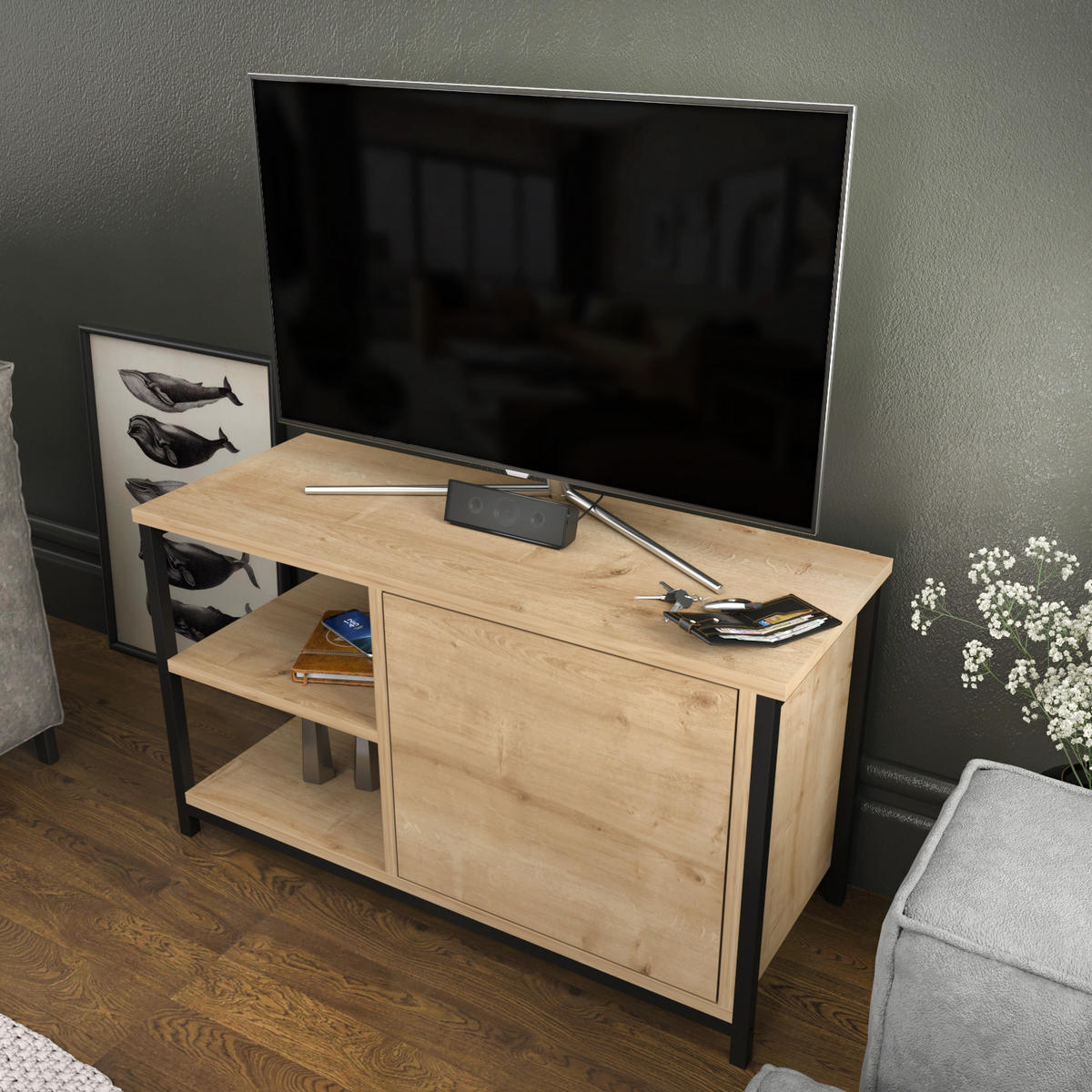 TV Unit Muskegon Schwarz Eiche Safir - Eichefarben/Schwarz, Holzwerkstoff (90/51/36cm) - Decorotika