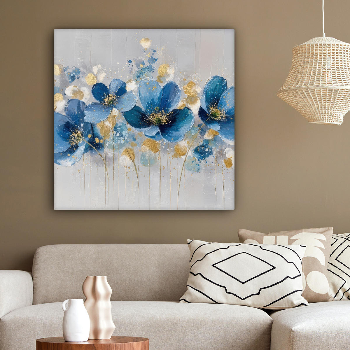 LEINWANDBILD Blumen - Blau - Abstrakt Deko Groß 90x90 cm - Hellgrau, Textil (90/90cm) - MuchoWow