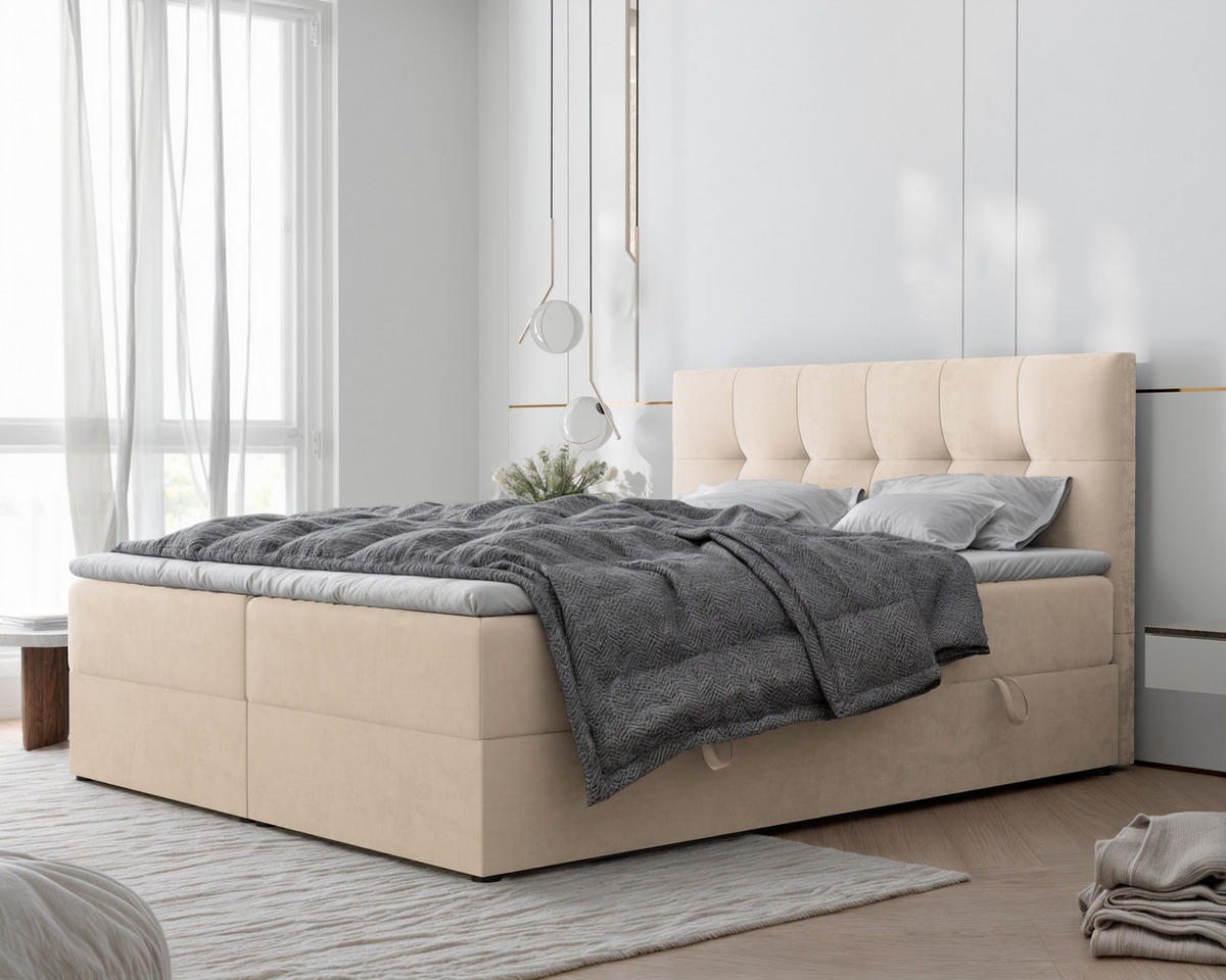 BOXBETT RENZO 200/200 cm mit Matratze und Topper, Hellbeige - Sandfarben, Holzwerkstoff/Textil (200/200cm) - Idohome